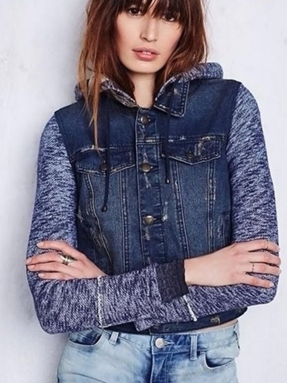 Free People grudge Hooded Denim Jacket - Mixed Media Boho sz med
